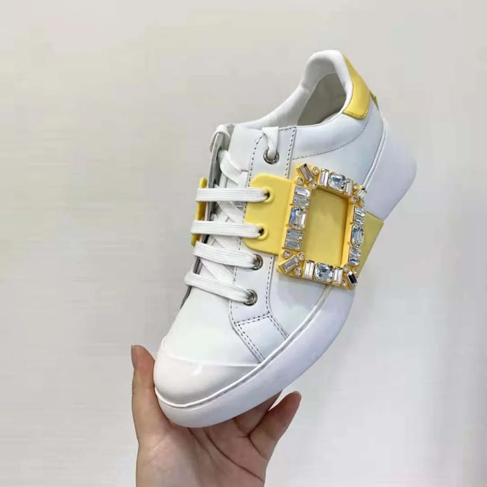 Roger Vivier Viv Skate Strass Buckle Sneakers in Soft Leather for Women in Yellow