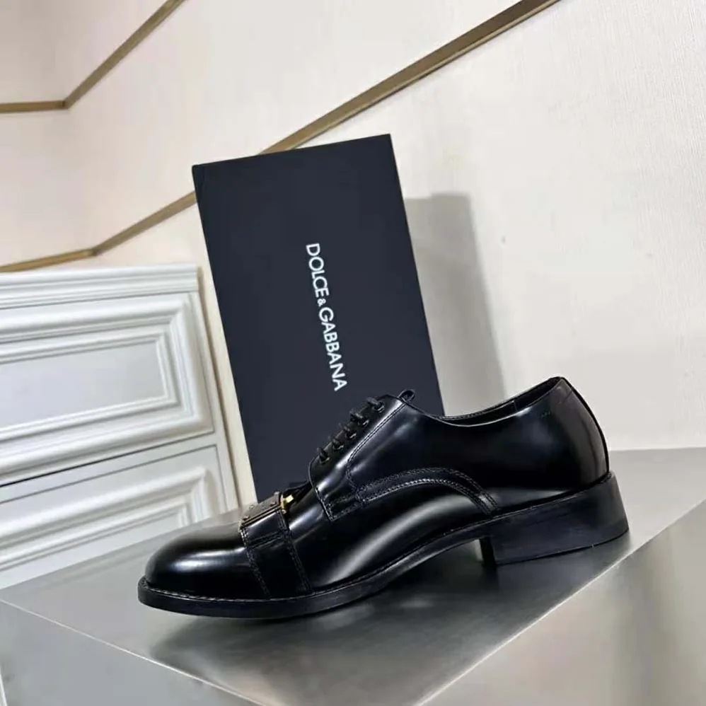 Dolce Gabbana D&G Brushed Calfskin Derby Shoes with Branded Plate for Men