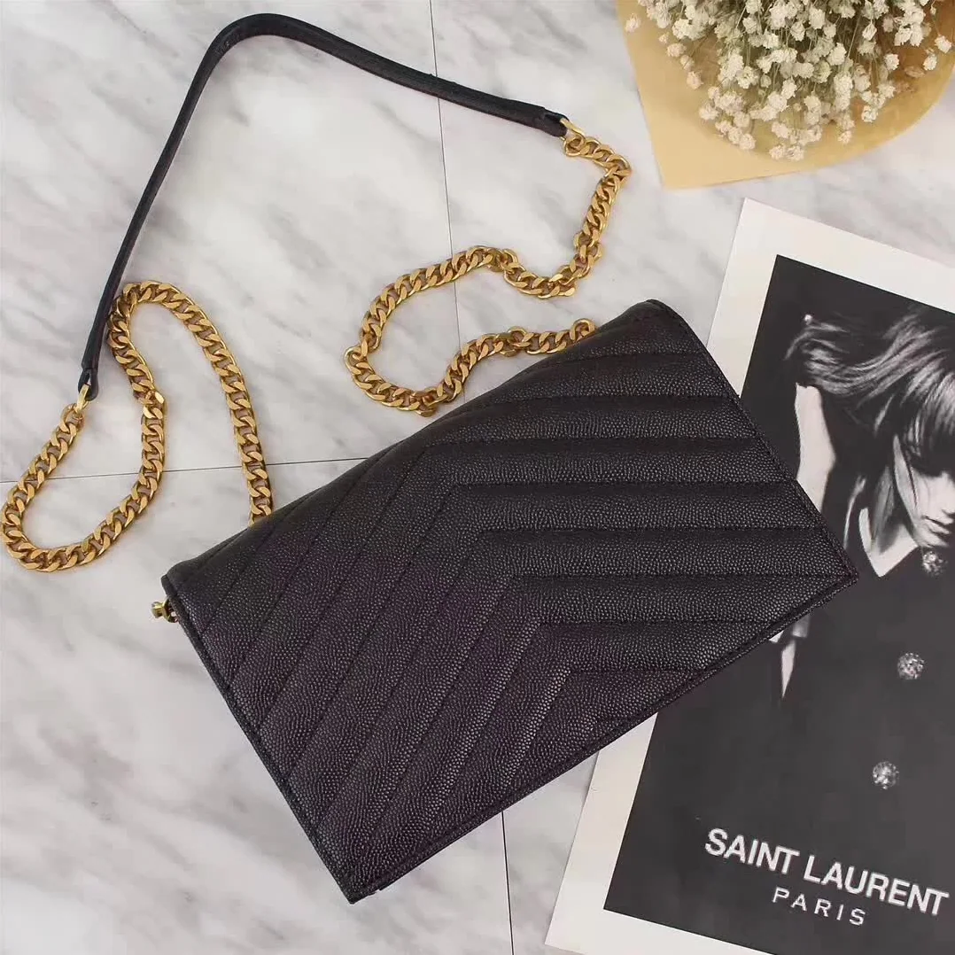 Saint Laurent YSL Medium Monogram Envelope Chain Wallet Gold Hardware in Black Saint Laurent YSL Medium Monogram Envelope Chain Wallet Gold Hardware in Black