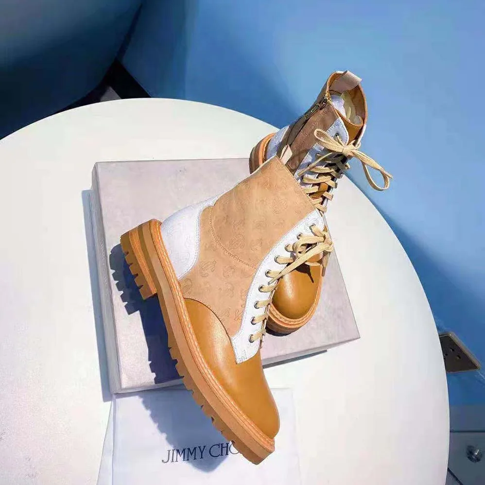 Jimmy Choo Cora Flat Caramel JC Monogram Leather Mix Combat Boots for Women