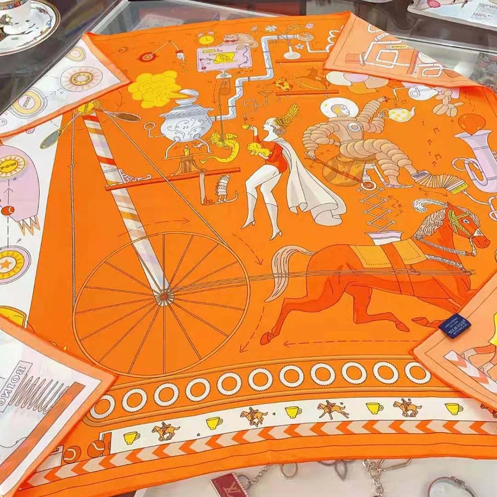 Hermes Tea for Two Scarf 90 in Silk Twill with Hand-Rolled Edges for Women in Orange Hermes Tea for Two Scarf 90 in Silk Twill with Hand-Rolled Edges for Women in Orange