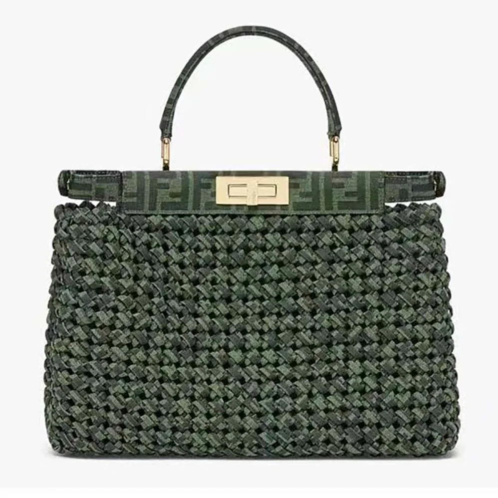 Fendi Peekaboo Iconic Medium Jacquard Fabric Interlace Bag for Women in Dark Green