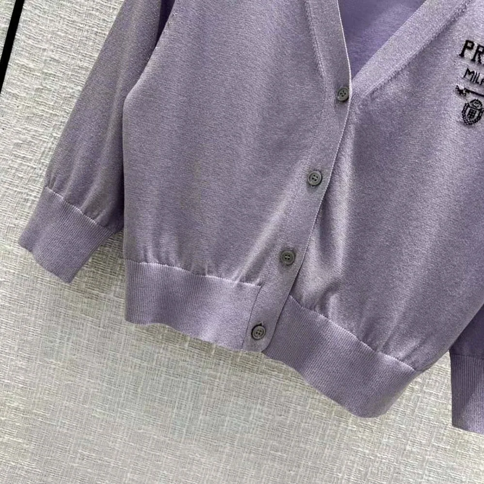 Prada Cropped Lurex Cardigan with Intarsia Logo for Women in Purple
