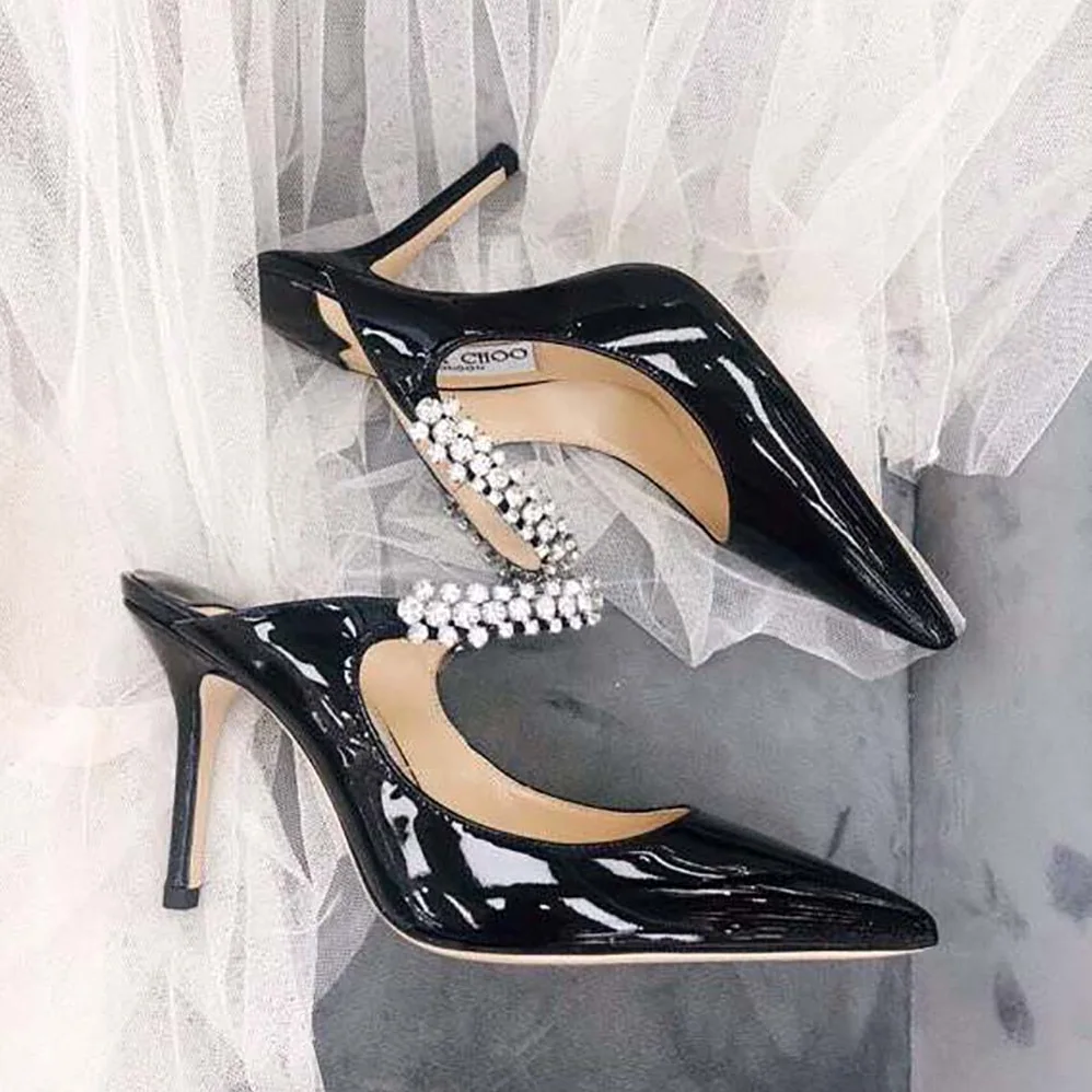 Jimmy Choo Shoes Bing 65 Black Patent Leather Mules with Crystal Strap for Women Jimmy Choo Shoes Bing 65 Black Patent Leather Mules with Crystal Strap for Women