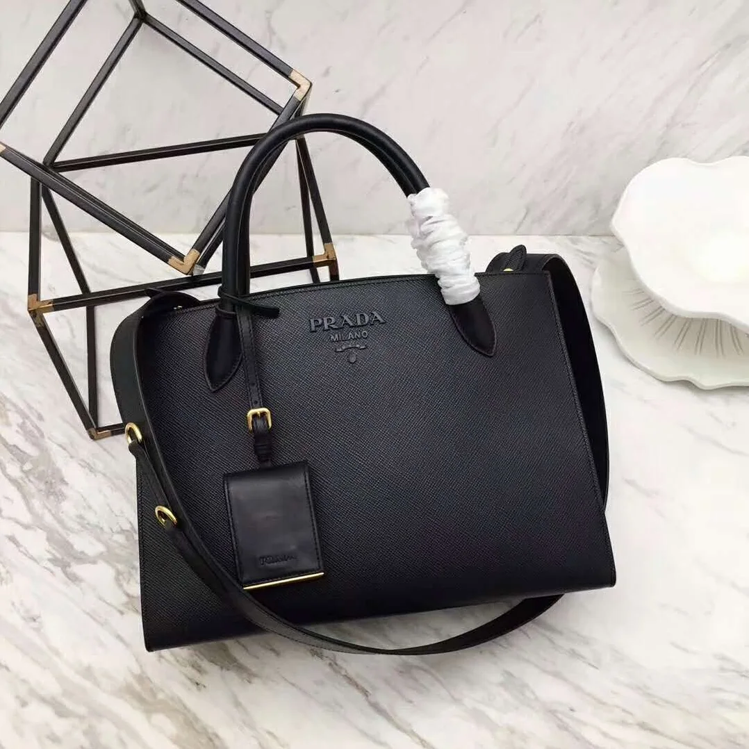 Prada Monochrome Handbag in Saffiano and Calf Leather in Black