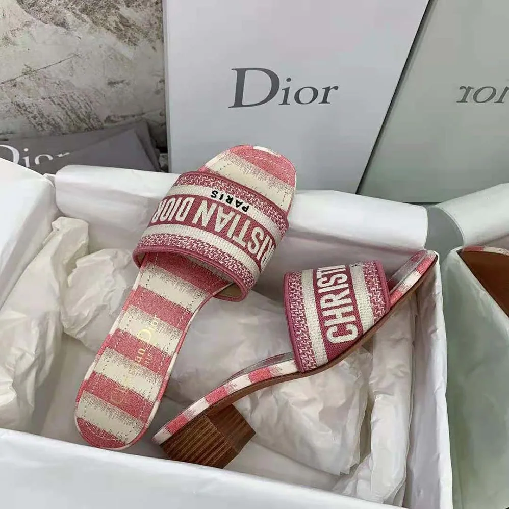 Dior Dway Heeled Slide Dark Nude D for Women in Stripes Embroidered Cotton