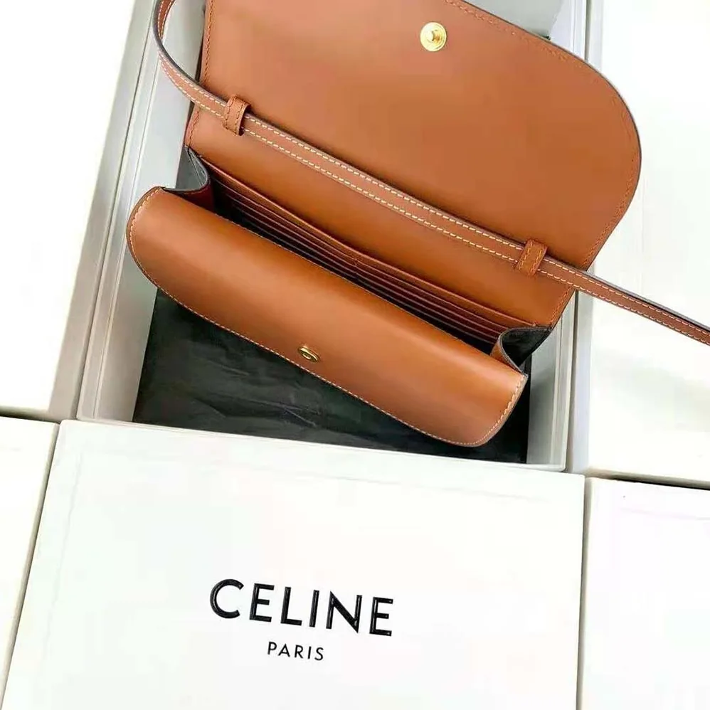 Celine Wallet on Strap in Triomphe Canvas and Smooth Lambskin for Women in Tan