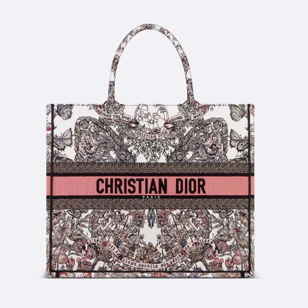 Dior Large Dior Book Tote White and Pastel Pink Butterfly Around The World Embroidery for Women Dior Large Dior Book Tote White and Pastel Pink Butterfly Around The World Embroidery for Women