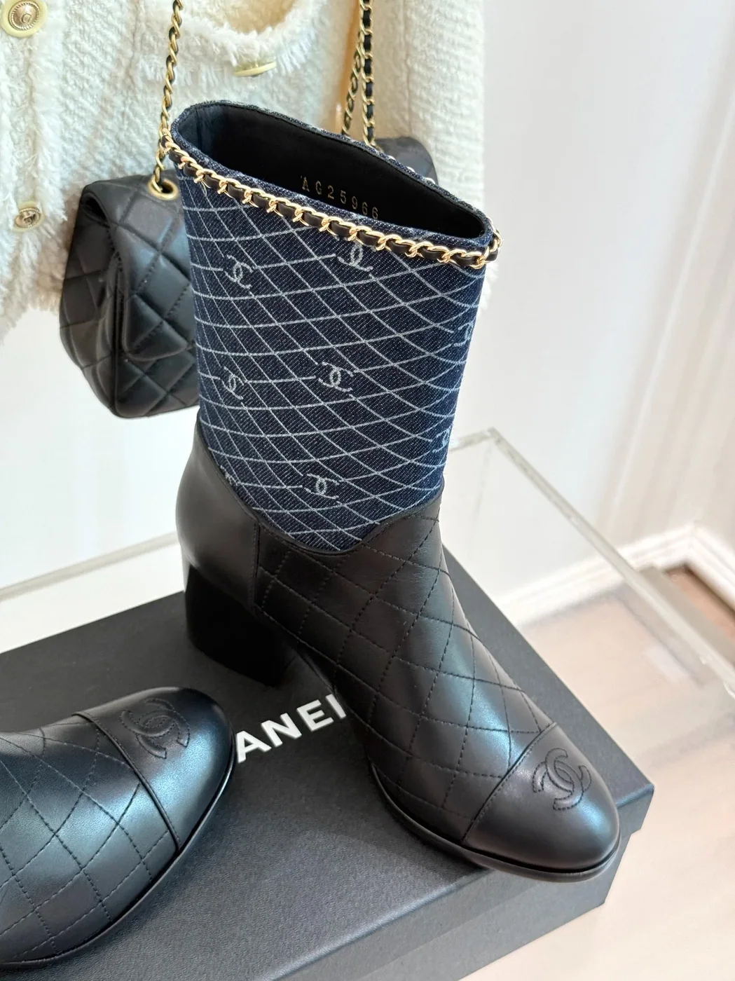 Chanel Double C Chunky Heel Boots With Chain Detail Blue Denim Chanel Double C Chunky Heel Boots With Chain Detail Blue Denim
