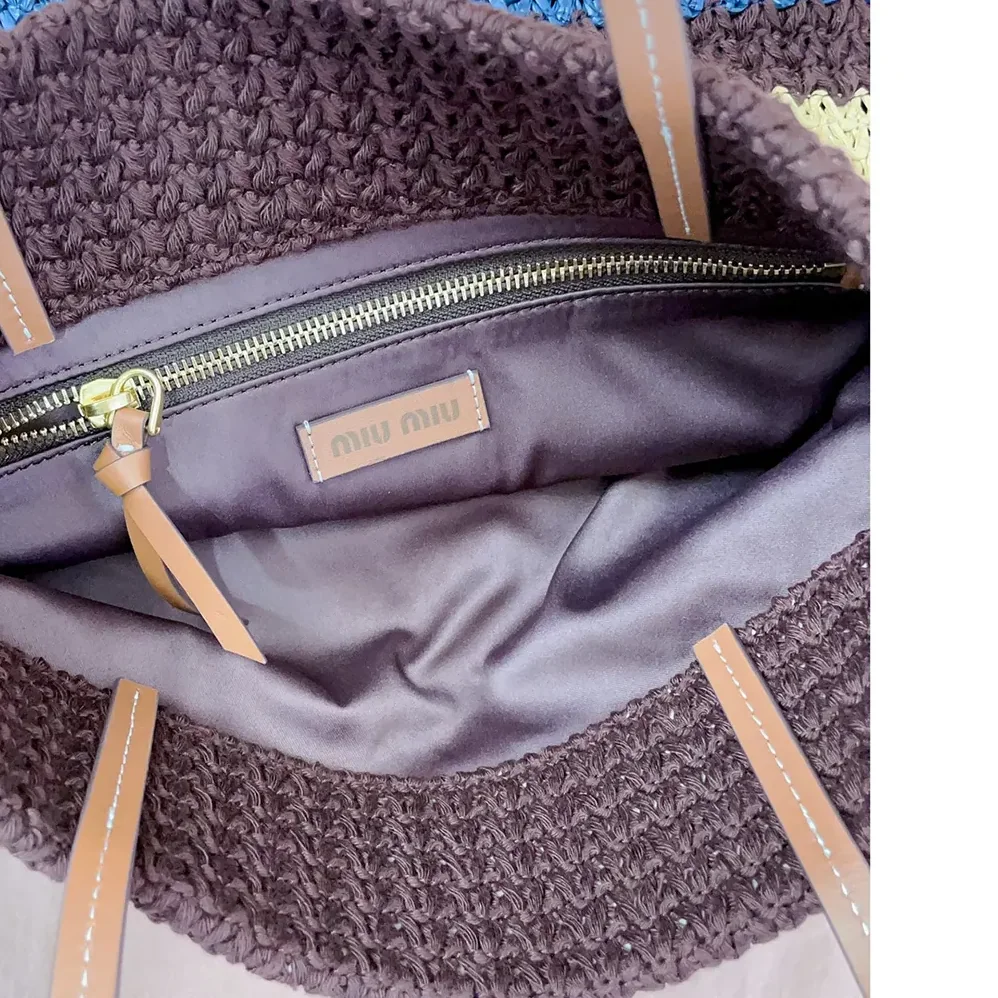 Miu Miu Raffia-Effect Woven Tote Bag for Women in Cocoa Brown/Celeste/Natural