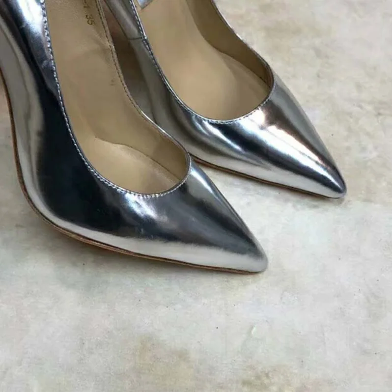 Jimmy Choo Shoes Romy 85 Silver Liquid Mirror Leather Pointy Toe Pumps for Women