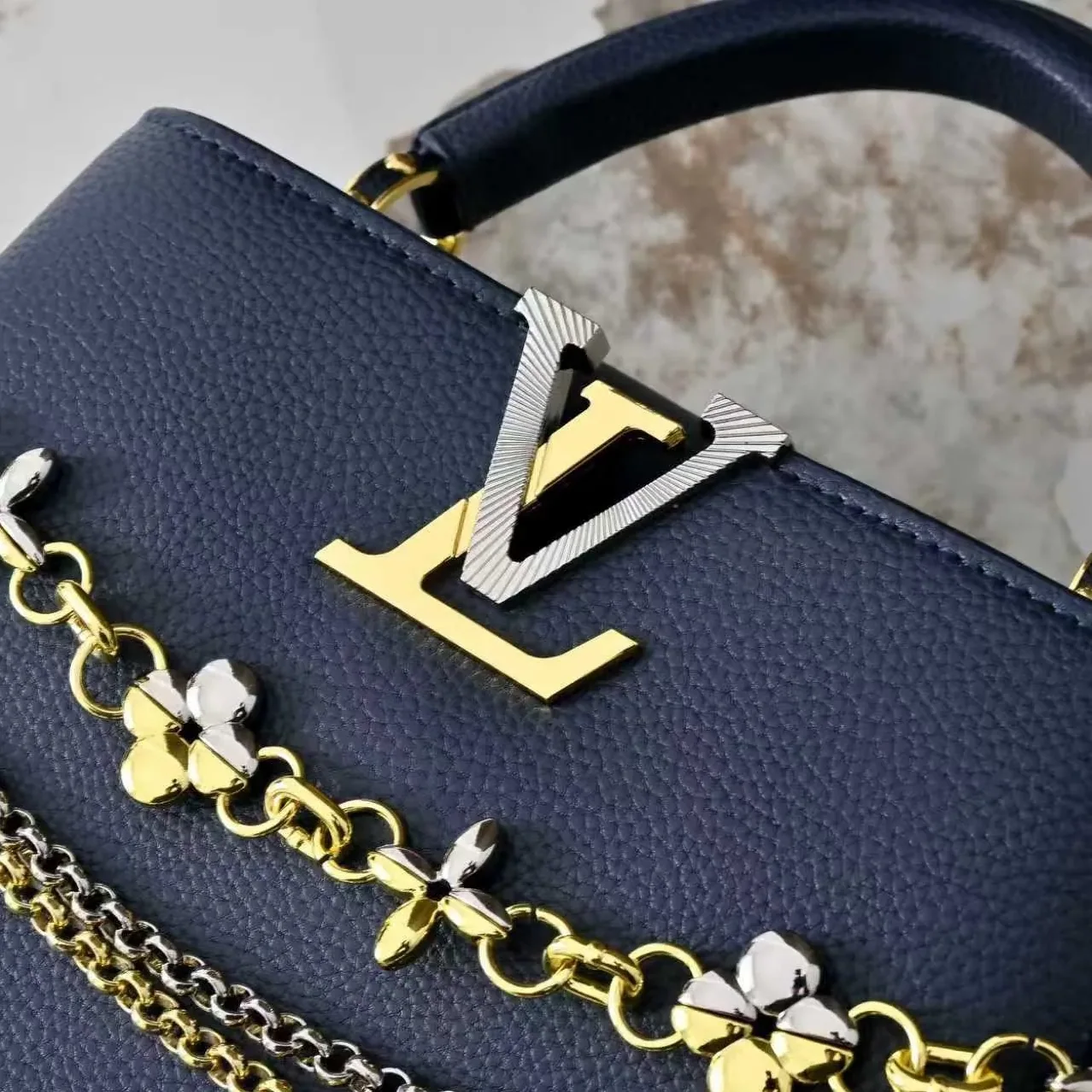 Louis Vuitton Capucines BB Top Handle Bag / Navy Blue Silver/ Gold Hardware Louis Vuitton Capucines BB Top Handle Bag / Navy Blue Silver/ Gold Hardware