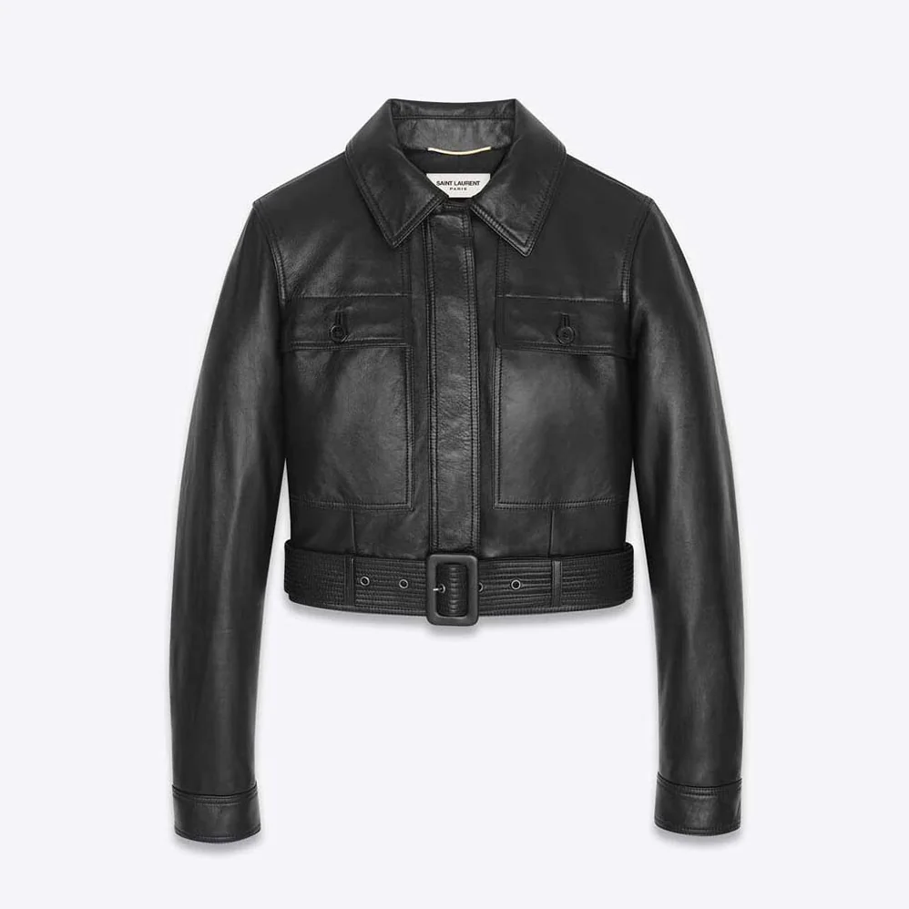 Saint Laurent YSL Cropped Jacket in Drummed Lambskin for Women in Black