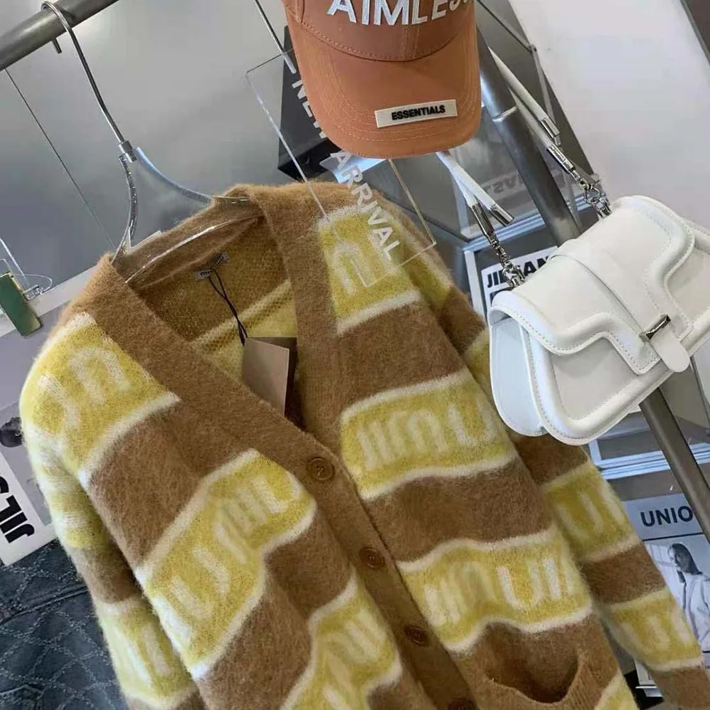 Miu Miu Oversized Mohair Cardigan with Intarsia Logo for Women in Yellow
