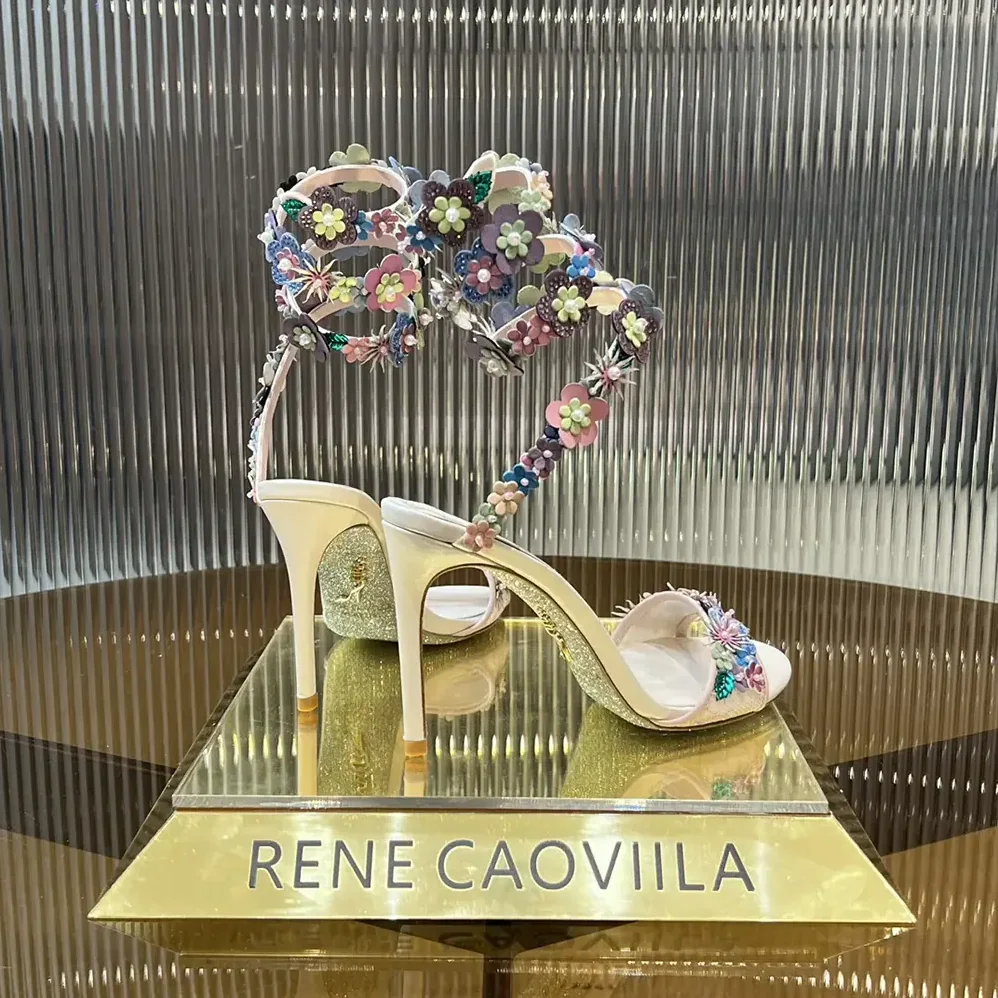 Rene Caovilla Roxanne Sandal with Multicolor Flowers 105 for Women Rene Caovilla Roxanne Sandal with Multicolor Flowers 105 for Women