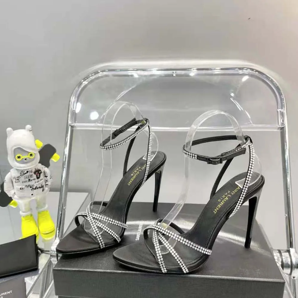 Saint Laurent YSL Ava Sandals in Crepe Satin with Rhinestones for Women