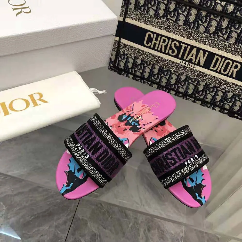 Dior Dway Slide Purple Multicolor D for Women in Flower Pop Cotton Embroidery Dior Dway Slide Purple Multicolor D for Women in Flower Pop Cotton Embroidery