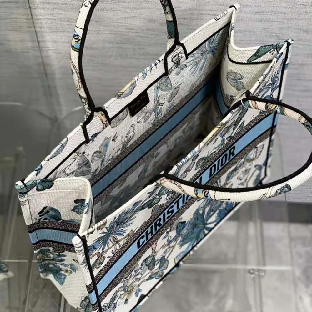 Dior Large Dior Book Tote White and Pastel Midnight Blue Toile de Jouy Mexico Embroidery for Women