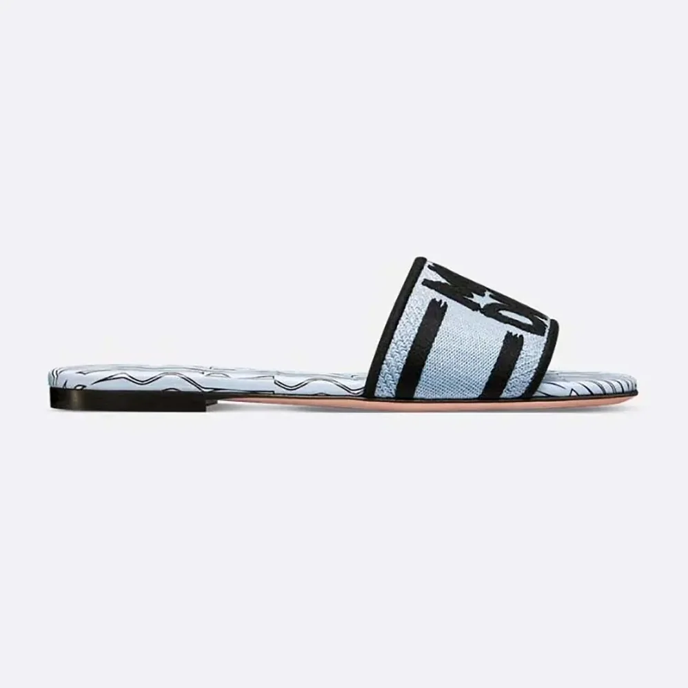 Dior Dway Slide Embroidered Cotton and Pale Blue Miss Dior Allover Motif for Women