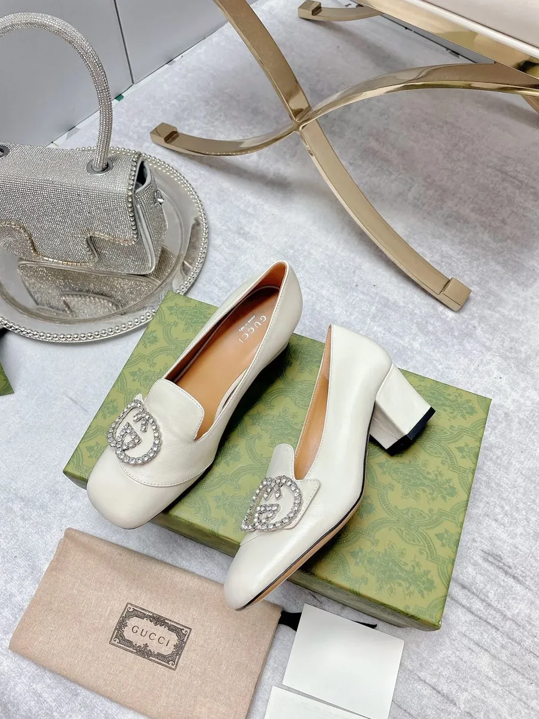 Gucci Mid-Heel Pump With GG Logo White for Women Gucci Mid-Heel Pump With GG Logo White for Women