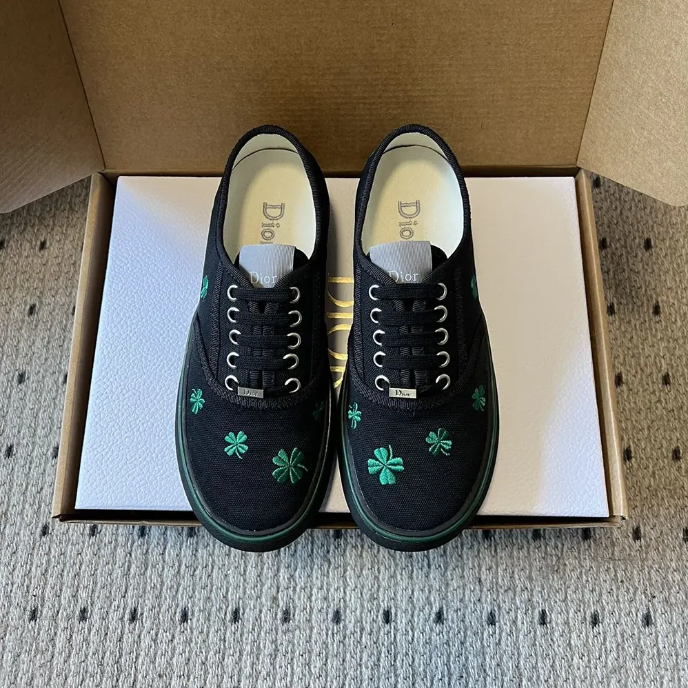 Dior Saltwind Sneaker Black Cotton Embroidered with Bright Green Dior Clover Motif for Unisex
