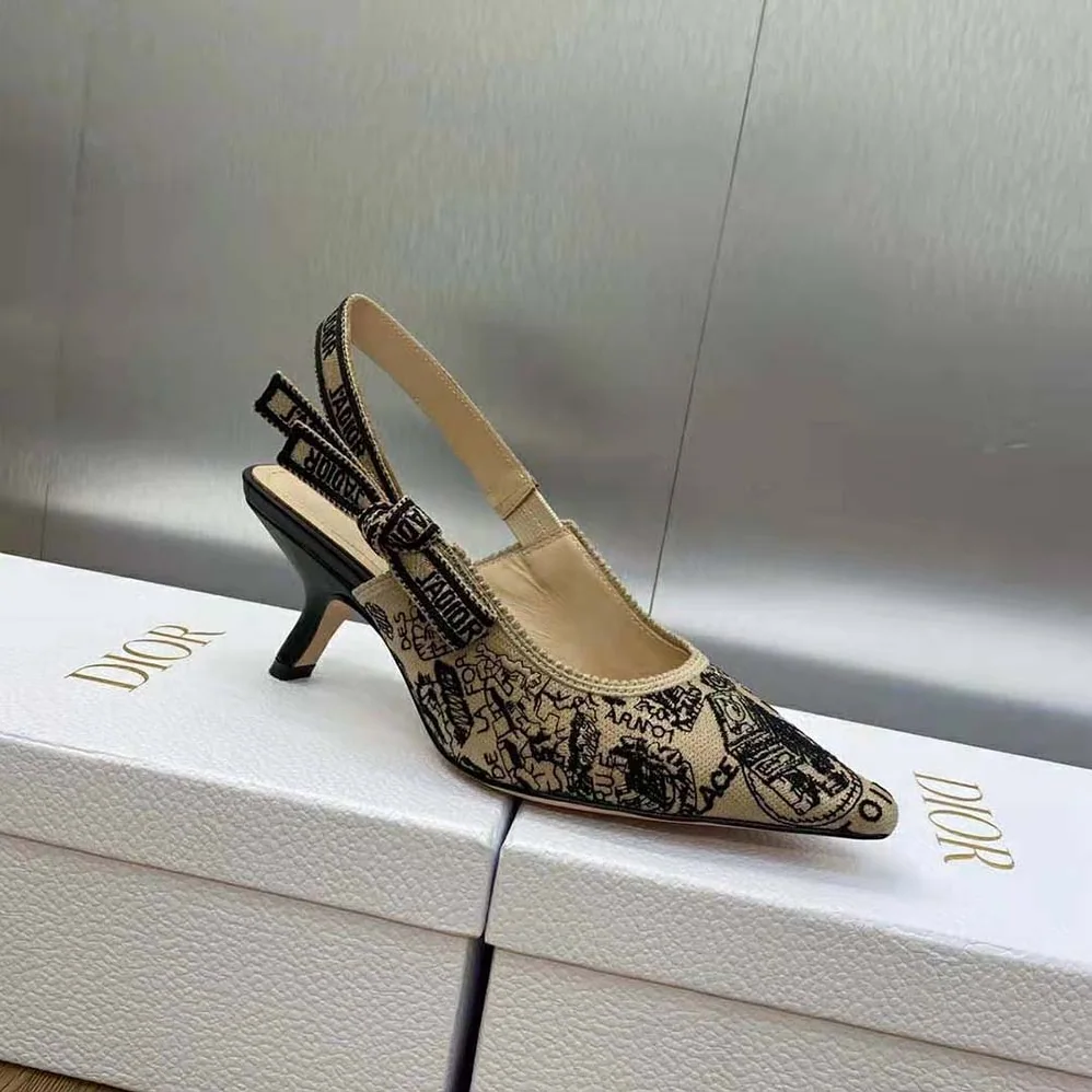 Dior J'Adior Slingback Pump Beige and Black Cotton Embroidered with Plan de Paris Motif for Women Dior J'Adior Slingback Pump Beige and Black Cotton Embroidered with Plan de Paris Motif for Women