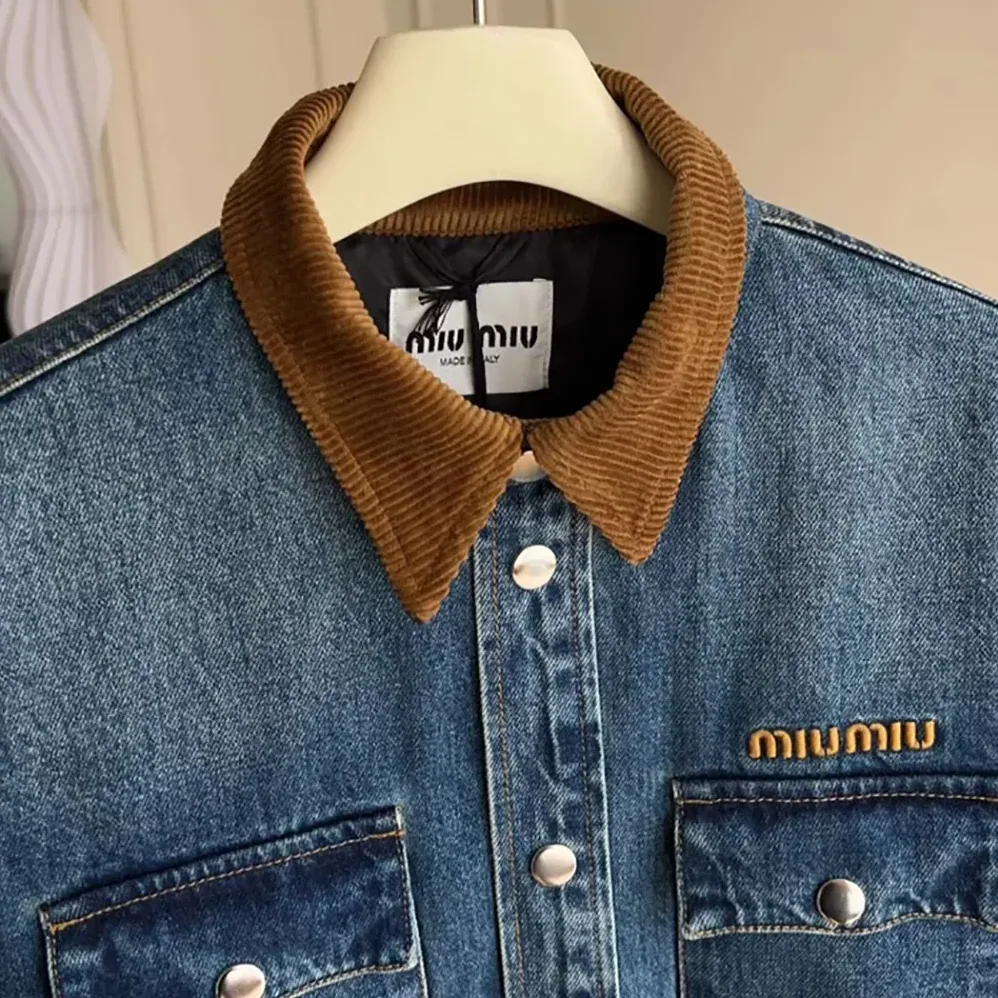 Miu Miu Denim Down Jacket with Embroidered Logo for Women