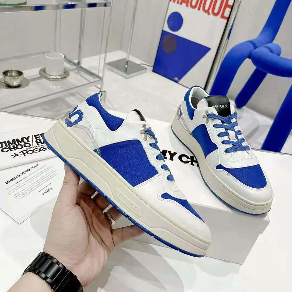 Jimmy Choo JC / Eric Haze Florent/M White Calf Leather and Blue Canvas Trainers for Unisex Jimmy Choo JC / Eric Haze Florent/M White Calf Leather and Blue Canvas Trainers for Unisex