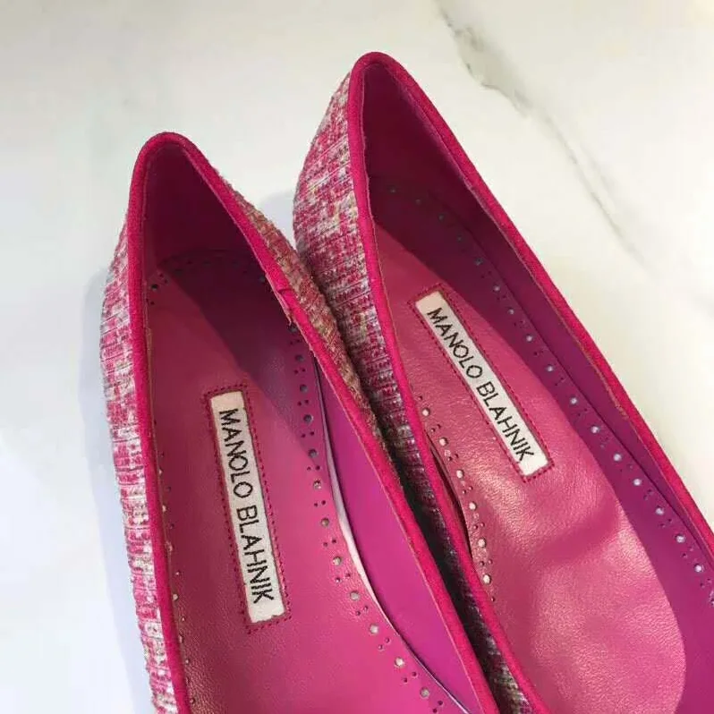 Manolo Blahnik Shoes Caza Pink Tweed Crystal Buckle Flats 10mm Heel for Women Manolo Blahnik Shoes Caza Pink Tweed Crystal Buckle Flats 10mm Heel for Women