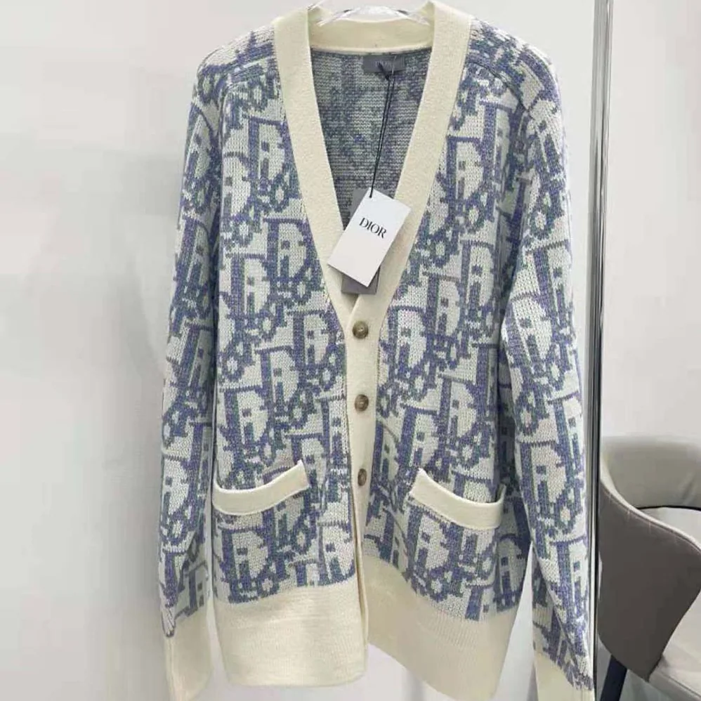 Dior Oblique Cardigan White Mauve and Sea Green Wool Jacquard for Men Dior Oblique Cardigan White Mauve and Sea Green Wool Jacquard for Men
