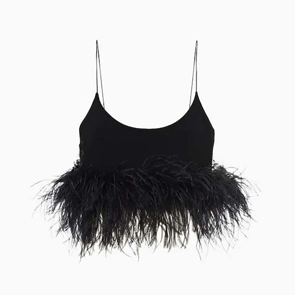Miu Miu Stretch Cady Top with Feathers for Women in Black Miu Miu Stretch Cady Top with Feathers for Women in Black