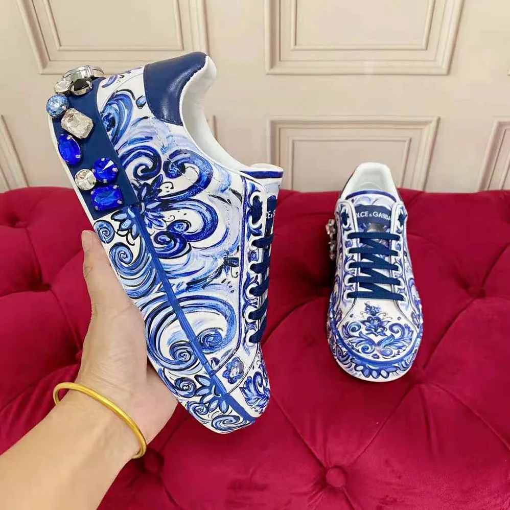 Dolce Gabbana D&G Majolica for Unisex in Print Calfskin Portofino Sneakers
