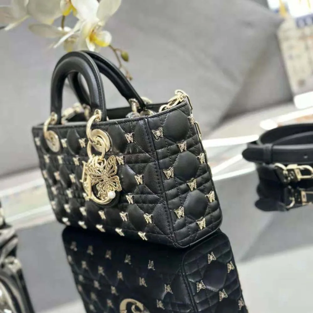 Dior Medium Lady D-joy Bag Black Cannage Lambskin with Gold for Women in Finish Butterfly Studs Dior Medium Lady D-joy Bag Black Cannage Lambskin with Gold for Women in Finish Butterfly Studs