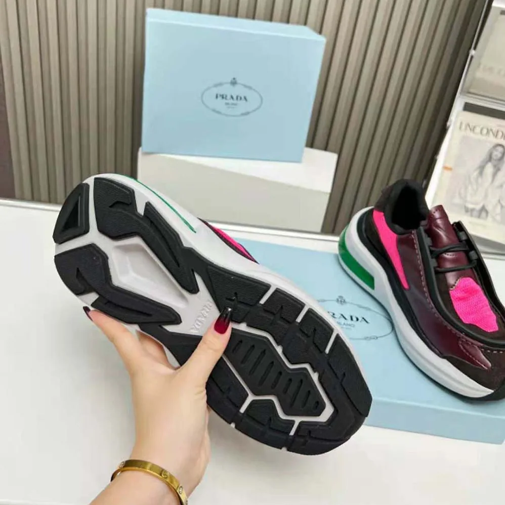 Prada Systeme Brushed Leather Sneakers with Bike Fabric and Suede Elements for Men in Pink