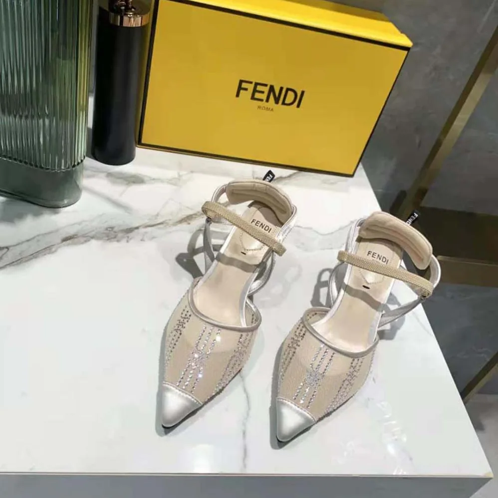 Fendi Colibri Medium Heel Pink Mesh Slingbacks with Rhinestone Embroidery for Women