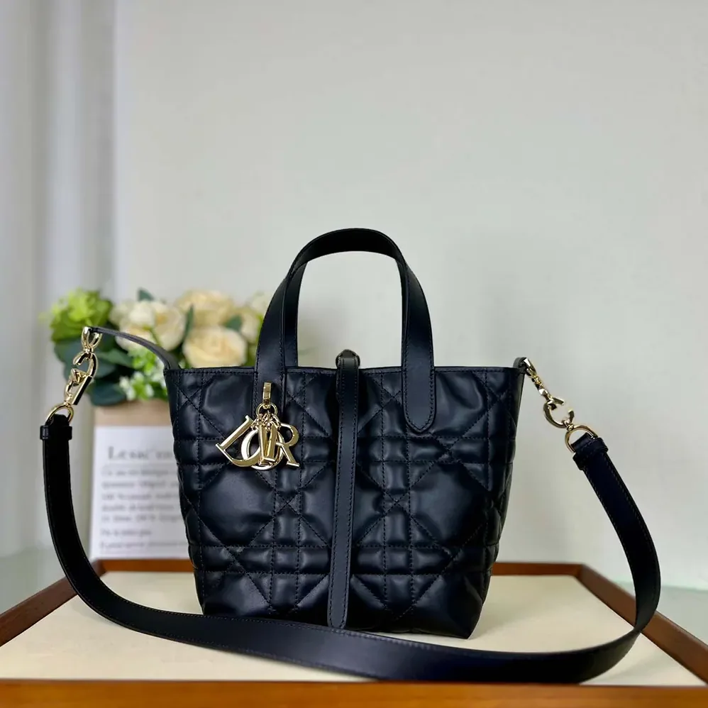 Dior Small Dior Toujours Vertical Tote Bag Black Macrocannage Calfskin for Women