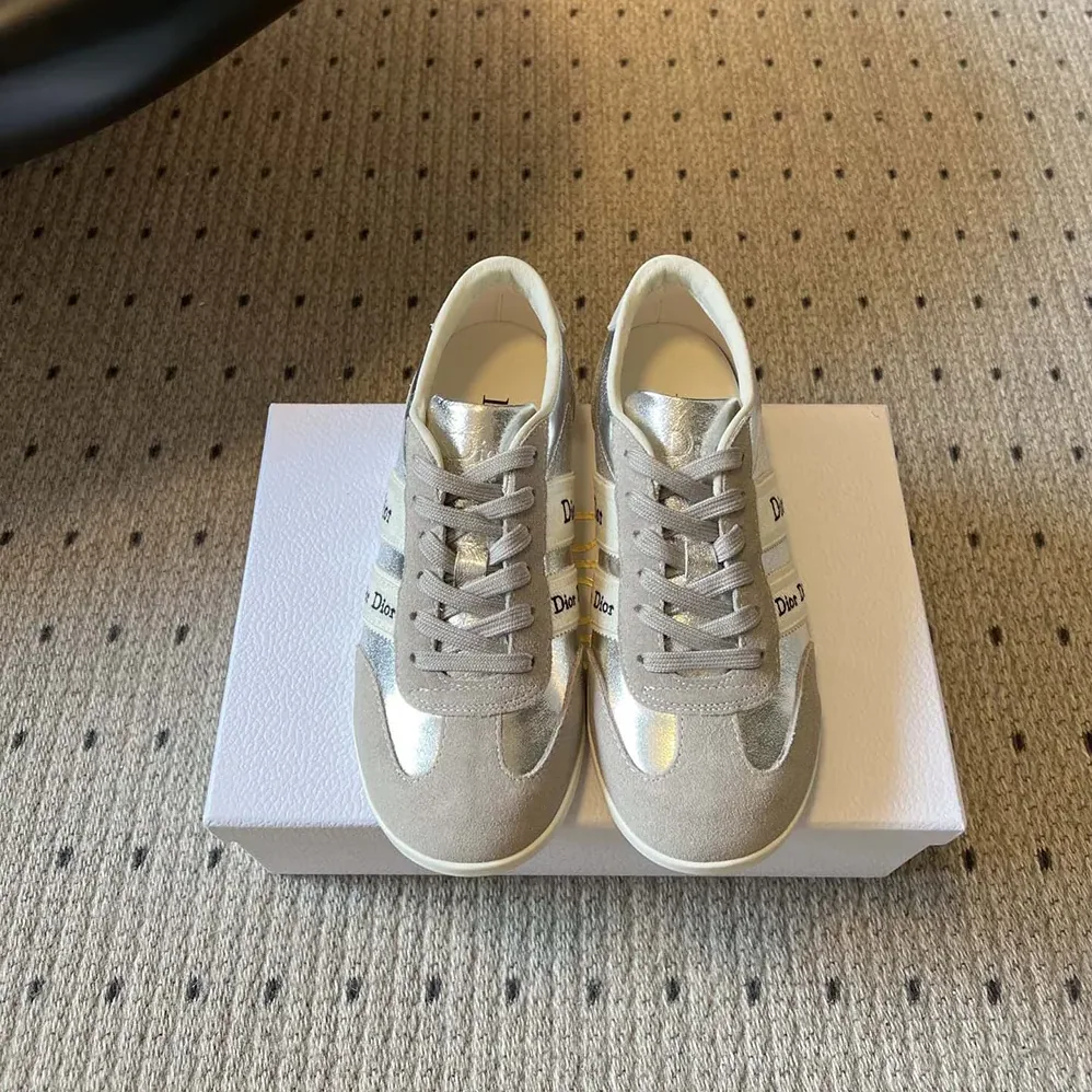 Dior Ribbon Sneaker Gray Suede Calfskin and Silver for Women in Tone Crinkled Laminated Lambskin Dior Ribbon Sneaker Gray Suede Calfskin and Silver for Women in Tone Crinkled Laminated Lambskin