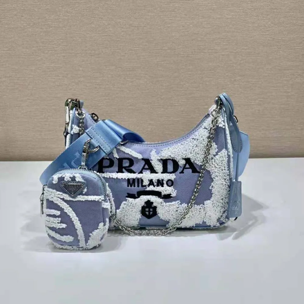Prada Re-Edition 2006 Embroidered Drill Shoulder Bag for Women in Blue