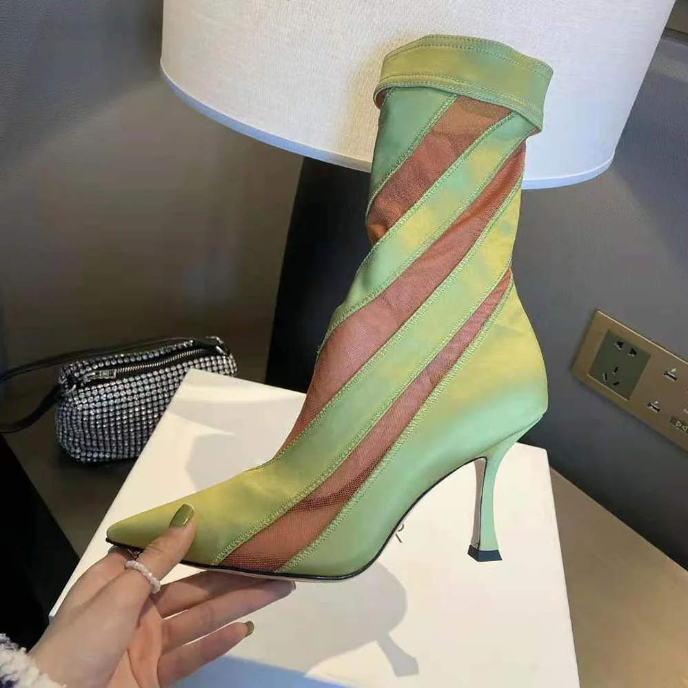 Jimmy Choo Mugler Sock Ankle Boot Neon Yellow and Nude Sheer Spiral Stretch Fabric for Women Jimmy Choo Mugler Sock Ankle Boot Neon Yellow and Nude Sheer Spiral Stretch Fabric for Women