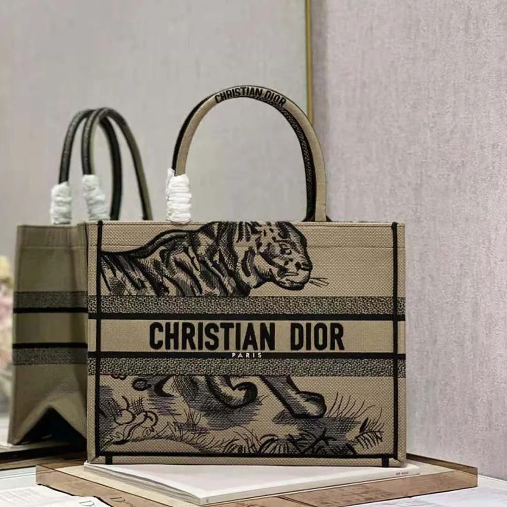 Dior Medium Dior Book Tote Brown and Black Macro Toile de Jouy Tiger Embroidery for Women Dior Medium Dior Book Tote Brown and Black Macro Toile de Jouy Tiger Embroidery for Women