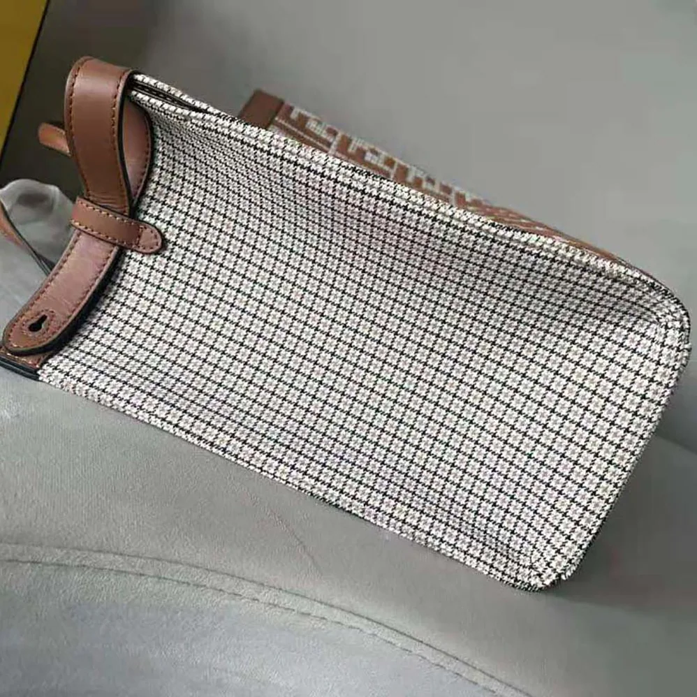 Fendi X-Tote Brown Houndstooth Wool Shopper with FF Embroidery for Women