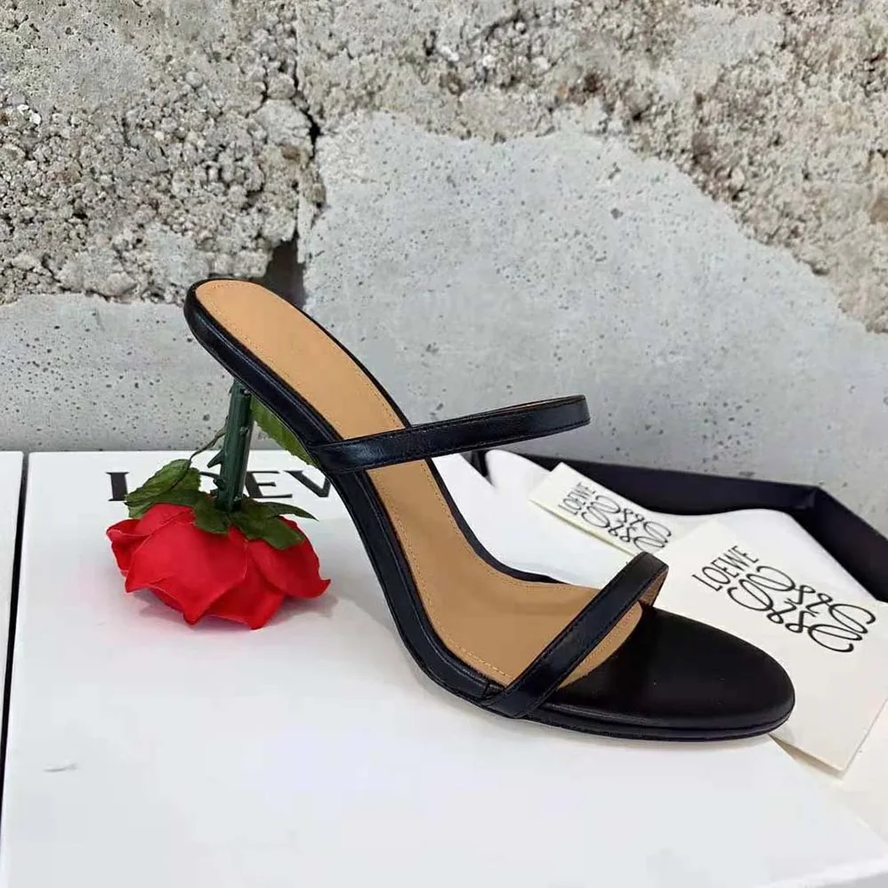 Loewe Rose Heel Sandal in Goatskin 10cm Heel Height for Women in Black