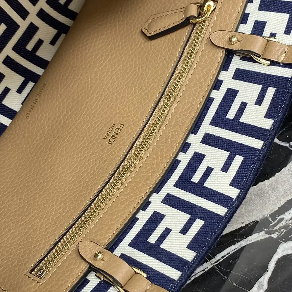 Fendi Small Roll Reversible Shopper in Pequin Striped and Midnight Blue FF Fabric for Women Fendi Small Roll Reversible Shopper in Pequin Striped and Midnight Blue FF Fabric for Women