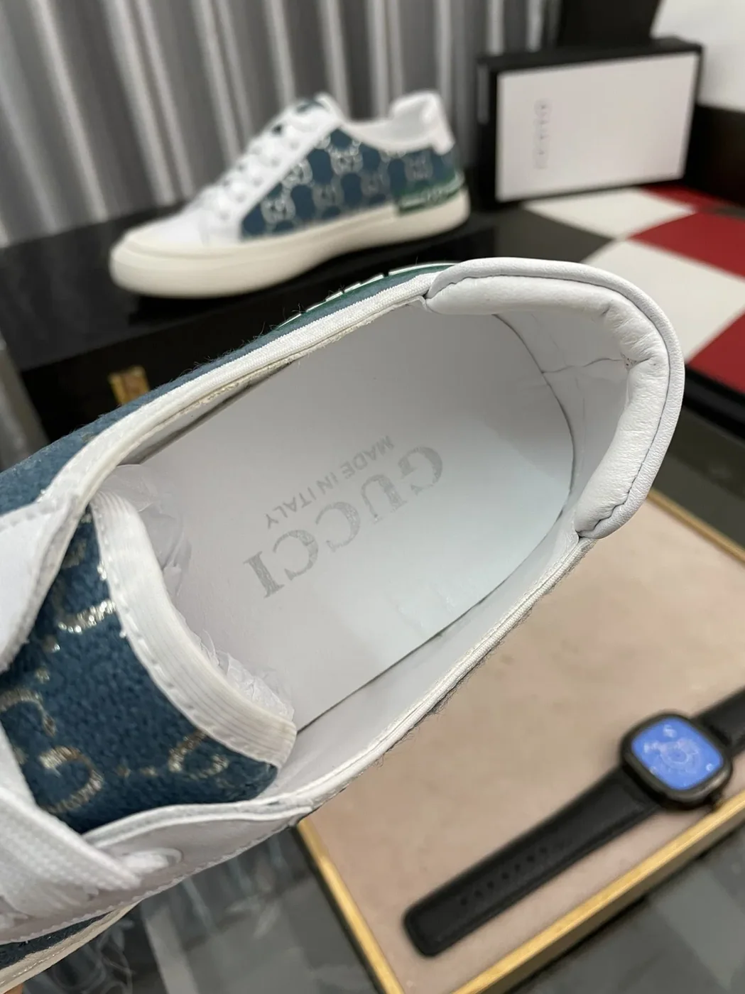 Gucci GG Embroidery Sneaker With Web White And Blue for Men