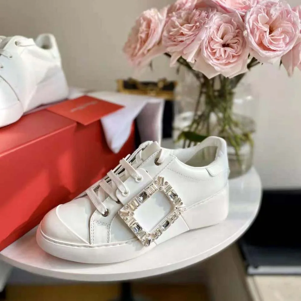 Roger Vivier Viv Skate Strass Buckle Sneakers in Soft Leather for Women in White