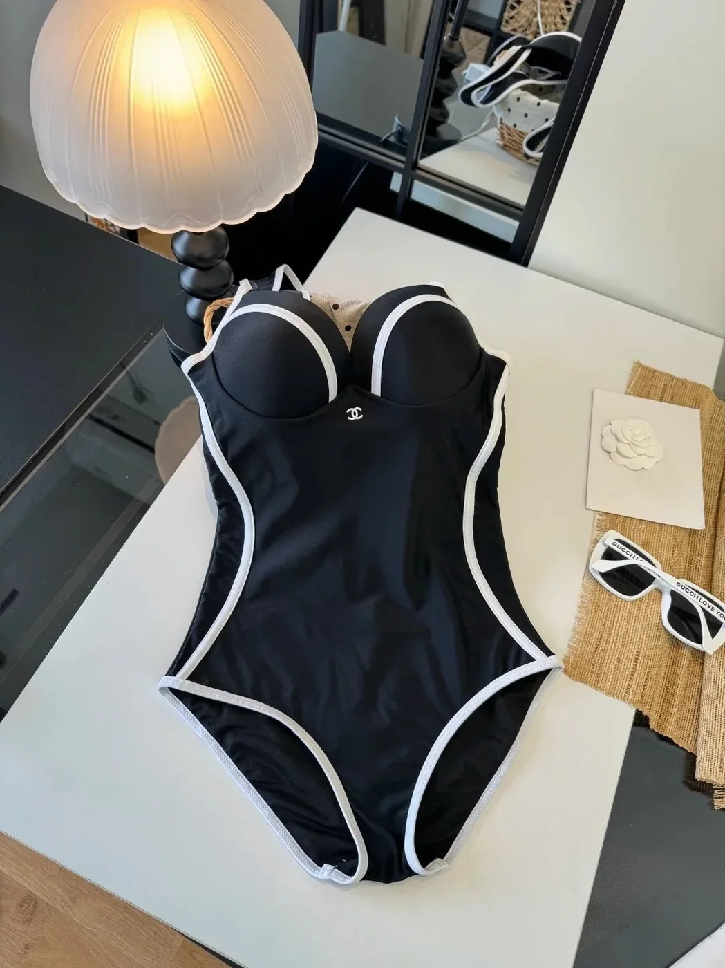 Chanel Contoured Interlocking CC One in Piece Swimsuit Black
