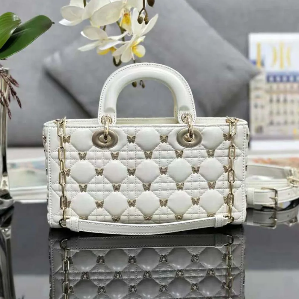 Dior Medium Lady D-joy Bag White Cannage Lambskin with Gold for Women in Finish Butterfly Studs Dior Medium Lady D-joy Bag White Cannage Lambskin with Gold for Women in Finish Butterfly Studs