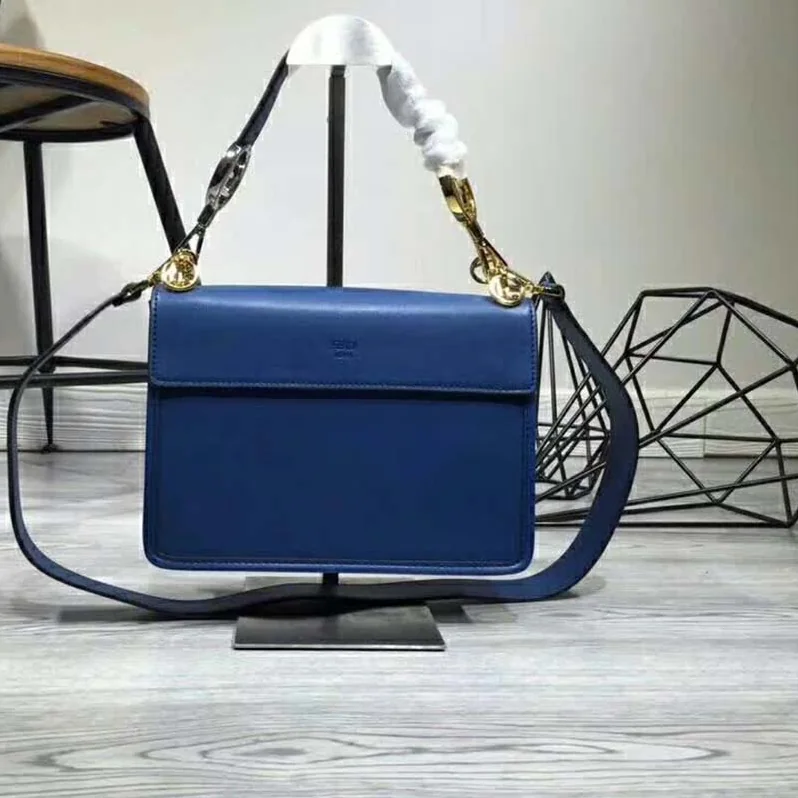 Fendi KAN I F Top Flap Leather Bag with Strap in Navy