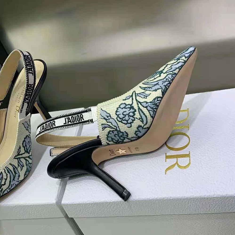 Dior J'Adior Slingback Pump Duck Blue Dior Brocart Embroidered Cotton with Gold for Women in Tone Metallic Thread