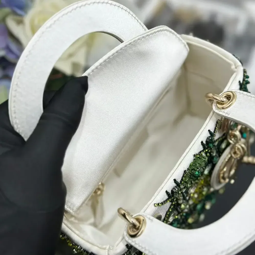 Dior Small Lady Dior Bag Metallic Calfskin and Satin with Celestial Green Bead Embroidery for Women Dior Small Lady Dior Bag Metallic Calfskin and Satin with Celestial Green Bead Embroidery for Women
